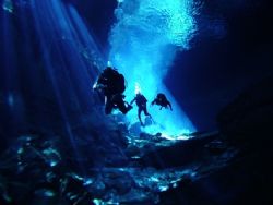 Divers exploring the cave system of Chac Mool. Fresh wate... by Kenn Bolbjerg 